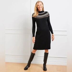 Talbots Black Long Sleeve Fair Isle Sweater Dress Patterned Yoke Mockneck Size M